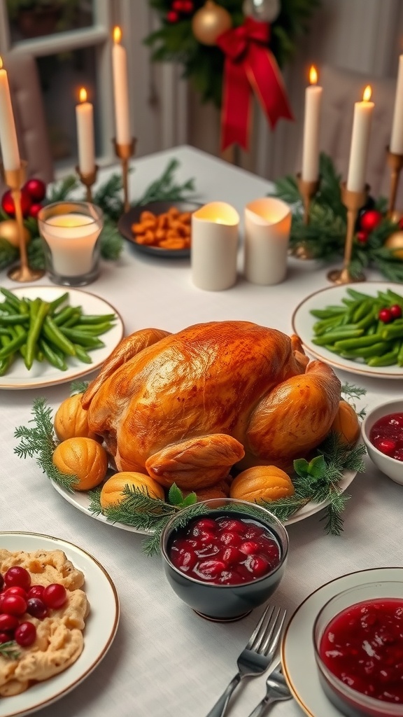 Festive Christmas Dinner Table Recipes Christmas dinner table with roast turkey, mashed potatoes, green beans, and cranberry sauce, elegantly decorated for the holidays.